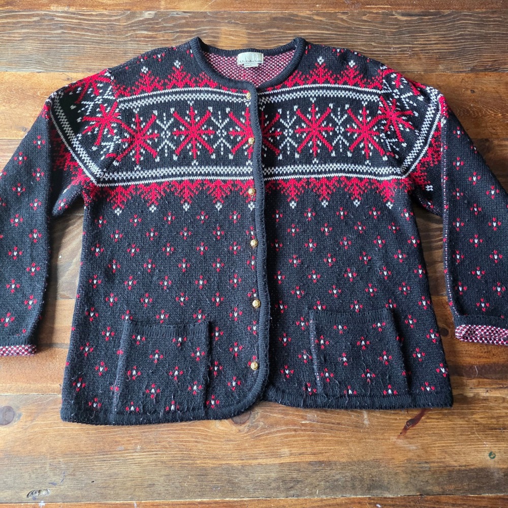 KB Collections Womens Cardigan Sweater L Black Red Snowflake‎ Fair Isle Knit